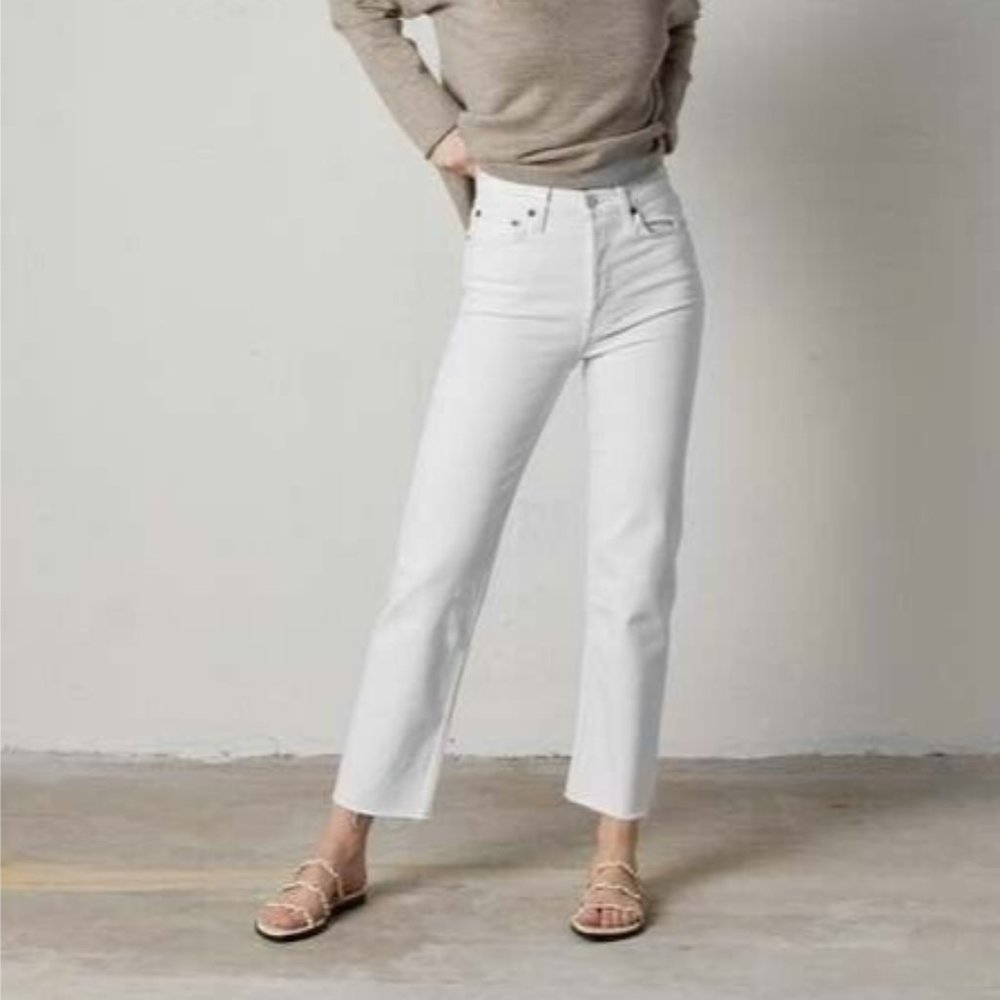 RE/DONE 70s Stove Pipe High Rise Straight Vintage White Denim Raw Hem Jean